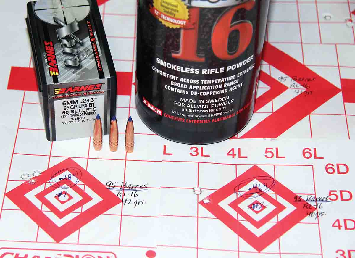 Barnes’ 95-grain LRX BT produced a .28-inch group at 2,931 fps using 42 grains of Alliant Reloder 16, and a .46-inch group at 2,625 with 41.5 grains of the same; the best groups with this bullet.